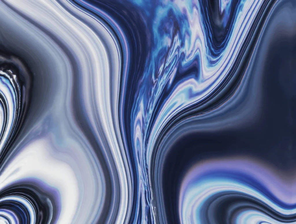 The fluid metal appearance generates dynamic contours and color transitions from blue to white, evoking the motion of digital waves.