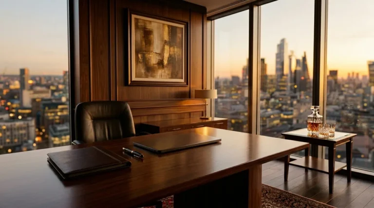 Luxury executive office with sunset city view and polished wooden desk