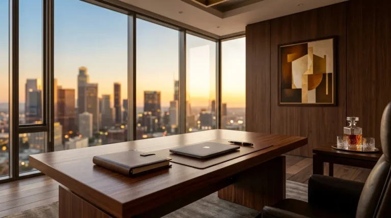Modern CEO office with golden hour light and panoramic city backdrop