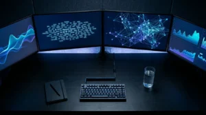 Multi-monitor desk setup displaying network graphs and performance analytics