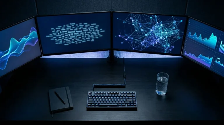 Multi-monitor desk setup displaying network graphs and performance analytics