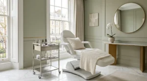 Premium aesthetic clinic interior in London with natural daylight and skincare tools