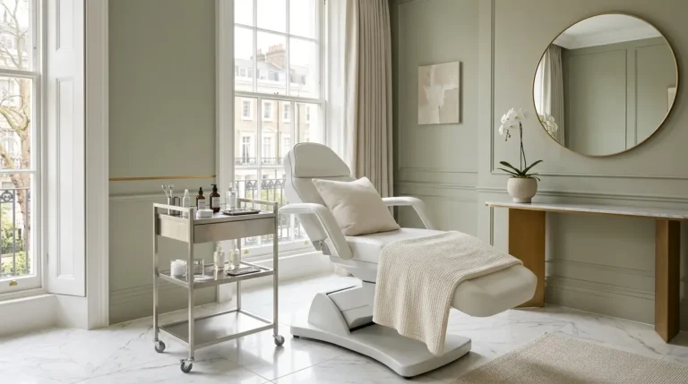 Premium aesthetic clinic interior in London with natural daylight and skincare tools